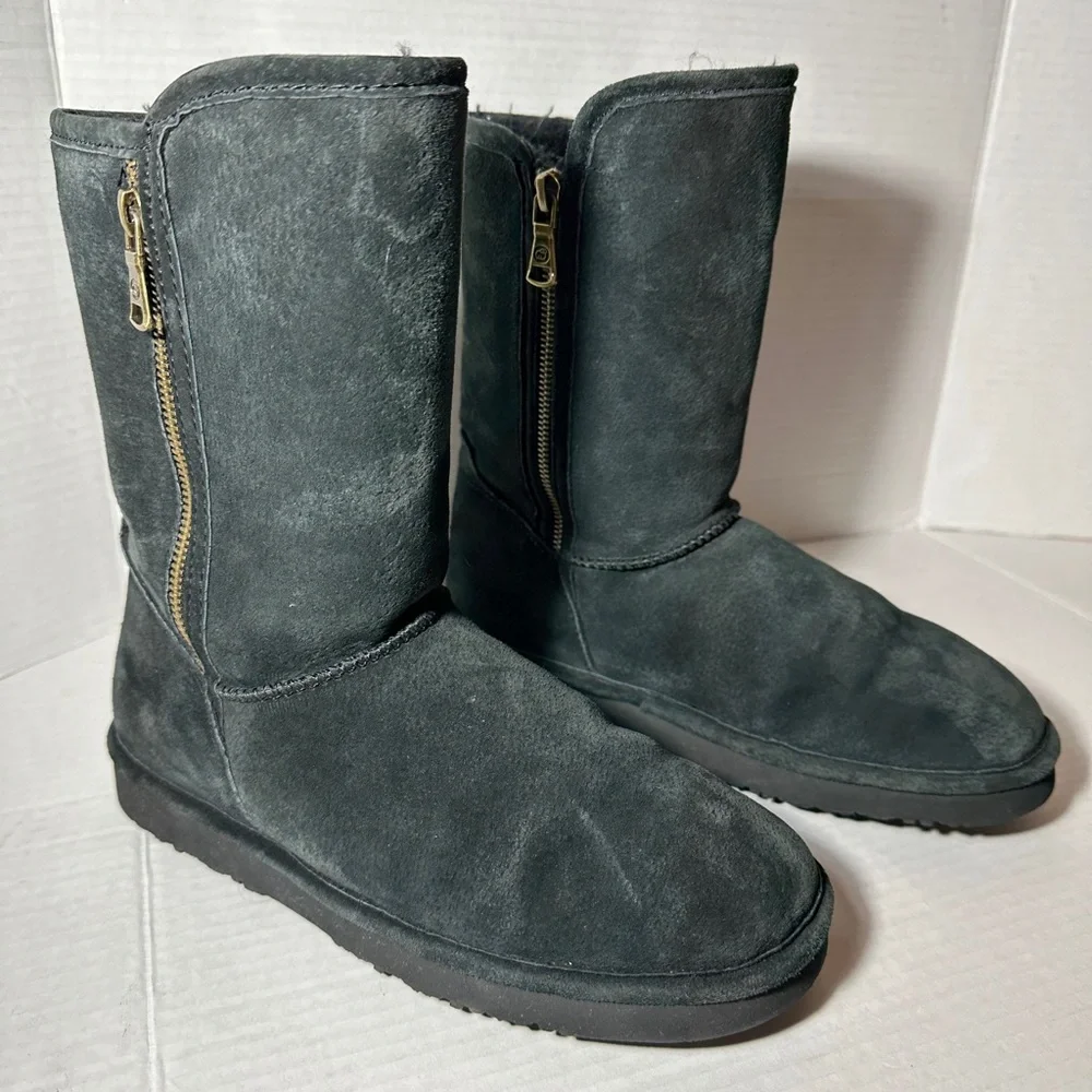 LAMO Black Suede Boots Mid-Calf Sz-8 Faux Fur Lined Cozy Winter Boots